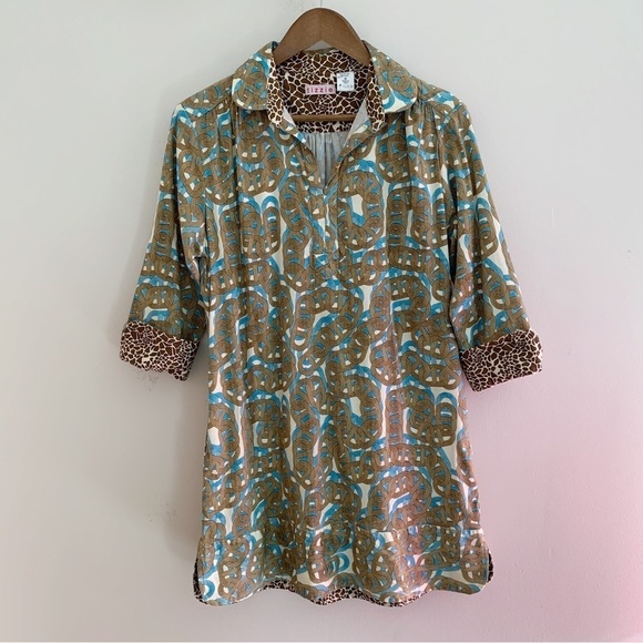 Tizzie Geometric Print Tunic Dress Medium Tan Blue - Picture 1 of 8